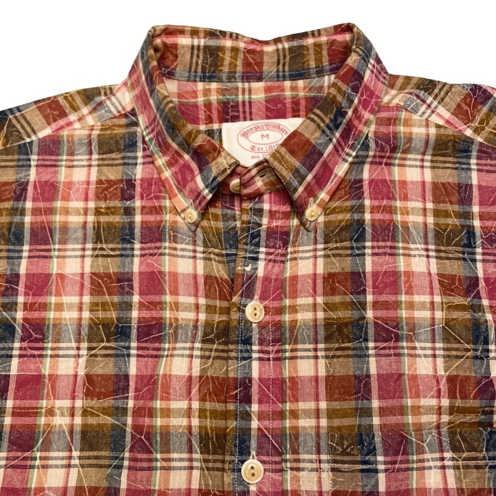 Brooks Brothers Shirt M S/S Extra Slim Cotton Red Plaid Preppy